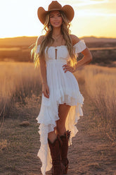 White A Line Off the Shoulder Asymmetrical Western Wedding Dress with Ruffles