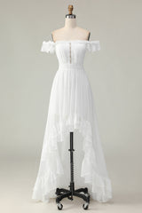 White A Line Off the Shoulder Asymmetrical Western Wedding Dress with Ruffles