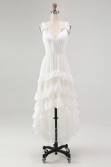 Ivory Plus Size A Line Ruffled V-Neck High-Low Tiered Western Wedding Dress