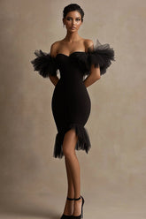 Black Satin Off The Shoulder Bodycon Short Cocktail Dress with Ruffles