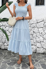 Blaues Gestreiftes Midi Sommerkleid mit quadratischem Ausschnitt