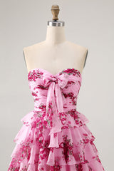 Pink Flower A Line Tiered Ruffled Short Homecoming Dress with Bow