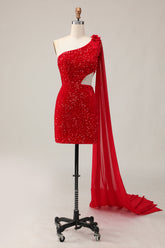 Sparkly Red One Shoulder Short Homecoming Dress with 3D Flowers
