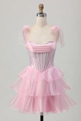 Sparkly Pink Corset Short Tiered Homecoming Dress with Ruffles