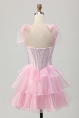 Sparkly Pink Corset Short Tiered Homecoming Dress with Ruffles