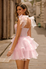 Sparkly Pink Corset Short Tiered Homecoming Dress with Ruffles