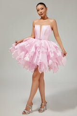 Pink A Line Corset Tiered Short Homecoming Dress with Ruffles