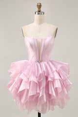 Pink A Line Corset Tiered Short Homecoming Dress with Ruffles