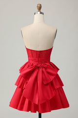 Sparkly Red Corset Strapless Bow Short Homecoming Dress with Ruffles