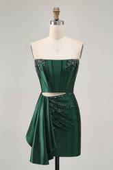 Sparkly Dark Green Tight Short Corset Homecoming Dress with Sash