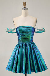 Sparkly Green Metallic A Line Off the Shoulder Short Homecoming Dress