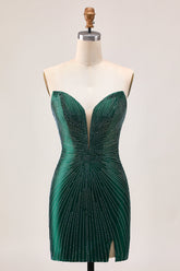 Sparkly Dark Green Tight Satin Short Homecoming Dress with Beading
