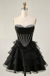 Sparkly Black Corset Tiered Short Homecoming Dress with Beading
