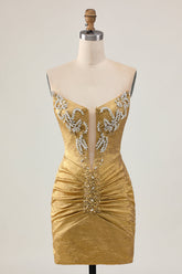 Sparkly Golden Strapless Short Tight Homecoming Dress with Beading
