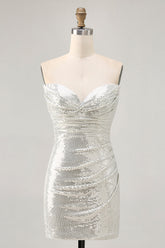 Sparkly White Silver Strapless Sequin Ruched Tight Short Homecoming Dress