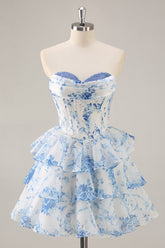White and Blue Floral Sweetheart Corset Short Homecoming Dress with Ruffles