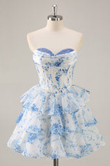 White Blue Corset Tiered A Line Short Floral Homecoming Dress with Ruffles