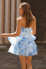White Blue Corset Tiered A Line Short Floral Homecoming Dress with Ruffles