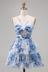 White Blue Flower Tiered A Line Short Homecoming Dress with Ruffles