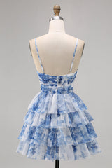 White Blue Flower Tiered A Line Short Homecoming Dress with Ruffles