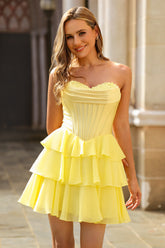 Yellow Corset Sweetheart A Line Short Tiered Homecoming Dress with Ruffles