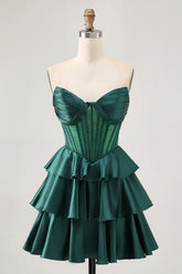 Sparkly Dark Green Strapless Short Corset Homecoming Dress with Beading