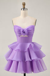 Purple Floral Strapless Short Tiered Homecoming Dress with Ruffles