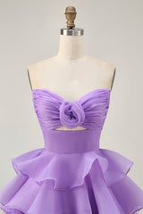 Purple Floral Strapless Short Tiered Homecoming Dress with Ruffles
