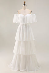 White Chiffon Tiered Off the Shoulder Boho Sweep Train Wedding Dress