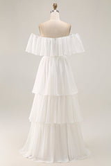 White Chiffon Tiered Off the Shoulder Boho Sweep Train Wedding Dress