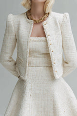 White 2 Piece Tweed Homecoming Outfits with Sleeves