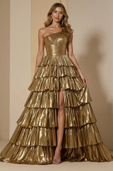 Sparkly Golden Metallic One Shoulder Ruffled Long Prom Dress with Slit