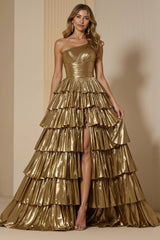 Sparkly Golden Metallic One Shoulder Ruffled Long Prom Dress with Slit