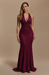 Sparkly Burgundy Mermaid Sequins Halter Long Holiday Party Dress