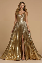 Sparkly Golden Metallic Spaghetti Straps Long Prom Dress with Slit