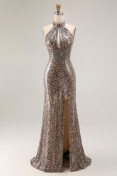 Sparkly Golden Leopard Keyhole Mermaid Sequin Long Prom Dress with Slit