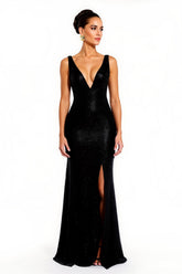 Sparkly Black Sequin Mermaid V-Neck Long Holiday Party Dress with Slit