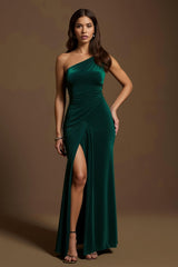 Dark Green Mermaid Velvet One Shoulder Long Holiday Party Dress with Slit