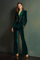 2 Piece Dark Green Velvet Double Breasted Women Prom Suits with Sleeves