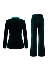 2 Piece Dark Green Velvet Double Breasted Women Prom Suits with Sleeves