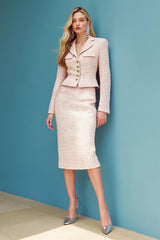 Blush 2 Piece Pencil Tweed Single Breasted Midi Pageant Interview Outfits Suits with Sleeves