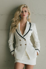 White 2 Piece Double Breasted Pencil Short Business Suits with Pockets