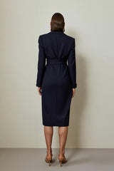 Navy Pencil Notched Lapel Ruched Midi Blazer Dress