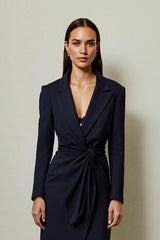 Navy Pencil Notched Lapel Ruched Midi Blazer Dress