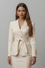 Ivory 2 Piece Notched Lapel Pencil Midi Business Suits with Sash