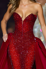 Sparkly Dark Red Strapless Sequin Long Pageant Dress with Cape