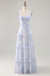 Blue Floral Chiffon Corset Long Wedding Guest Dress with Ruffles