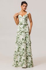 Green Floral Corset Satin Long Wedding Guest Dress with Ruffles