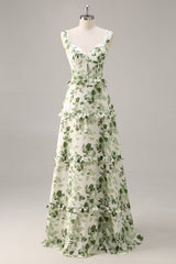 Green Floral Corset Satin Long Wedding Guest Dress with Ruffles
