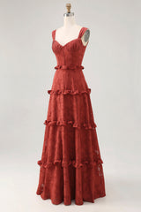 Terracotta Lace Corset Long Wedding Guest Dress with Ruffles